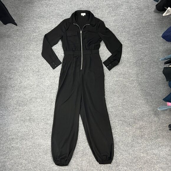 Superdown Jazmin Zip Up Jumpsuit Womens S Small Black Belted Waist Elastic Leg - Picture 2 of 14